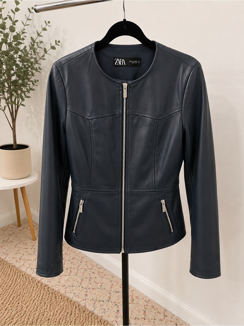 Zara Navy Faux Leather Round-Neck Zip Jacket